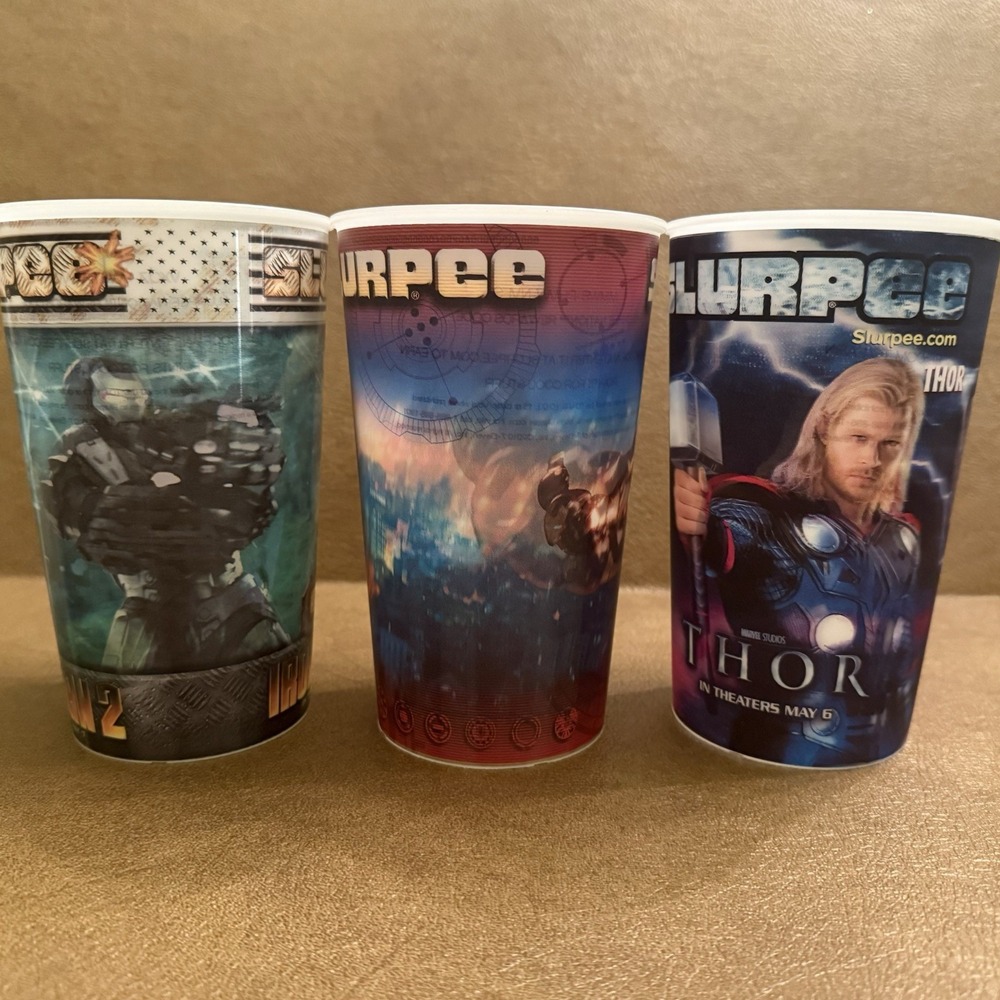 7/11 Lenticular 3D Slurpee Cups IRON MAN 2 & THOR Movie Marvel 2010 2011 Lot Set